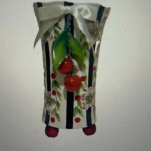 J. McCall Blue Sky 2004 Black Column Floral & Cherry Ceramic Vase w/ Ribbon